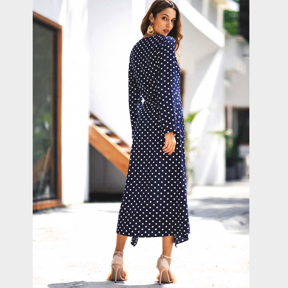 Navy Polka Dot Wrap Maxi Dress Long Sleeves Blue - Picture 4 of 7